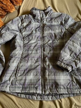 Free Country Gray Plaid Puffer Jacket with Purple Accents